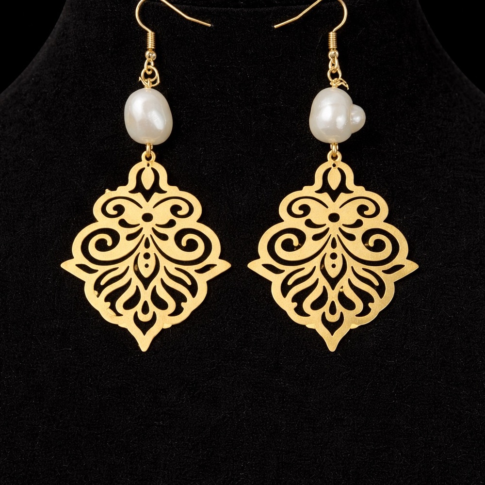 Gold Filigree Drop Earrings with Baroque Freshwater Pearl Accent - Women Jewelry